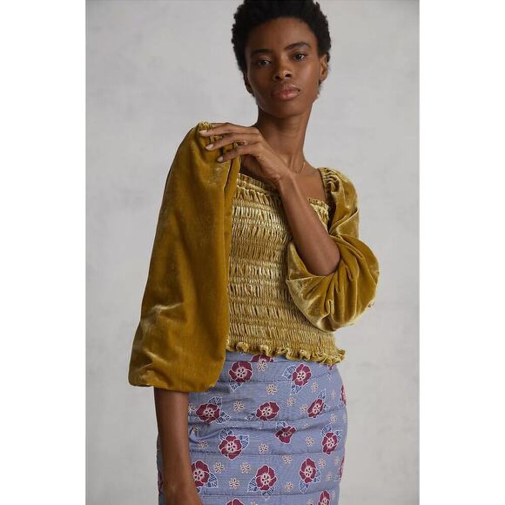 Anthropologie yellow velvet smocked‎ blouse